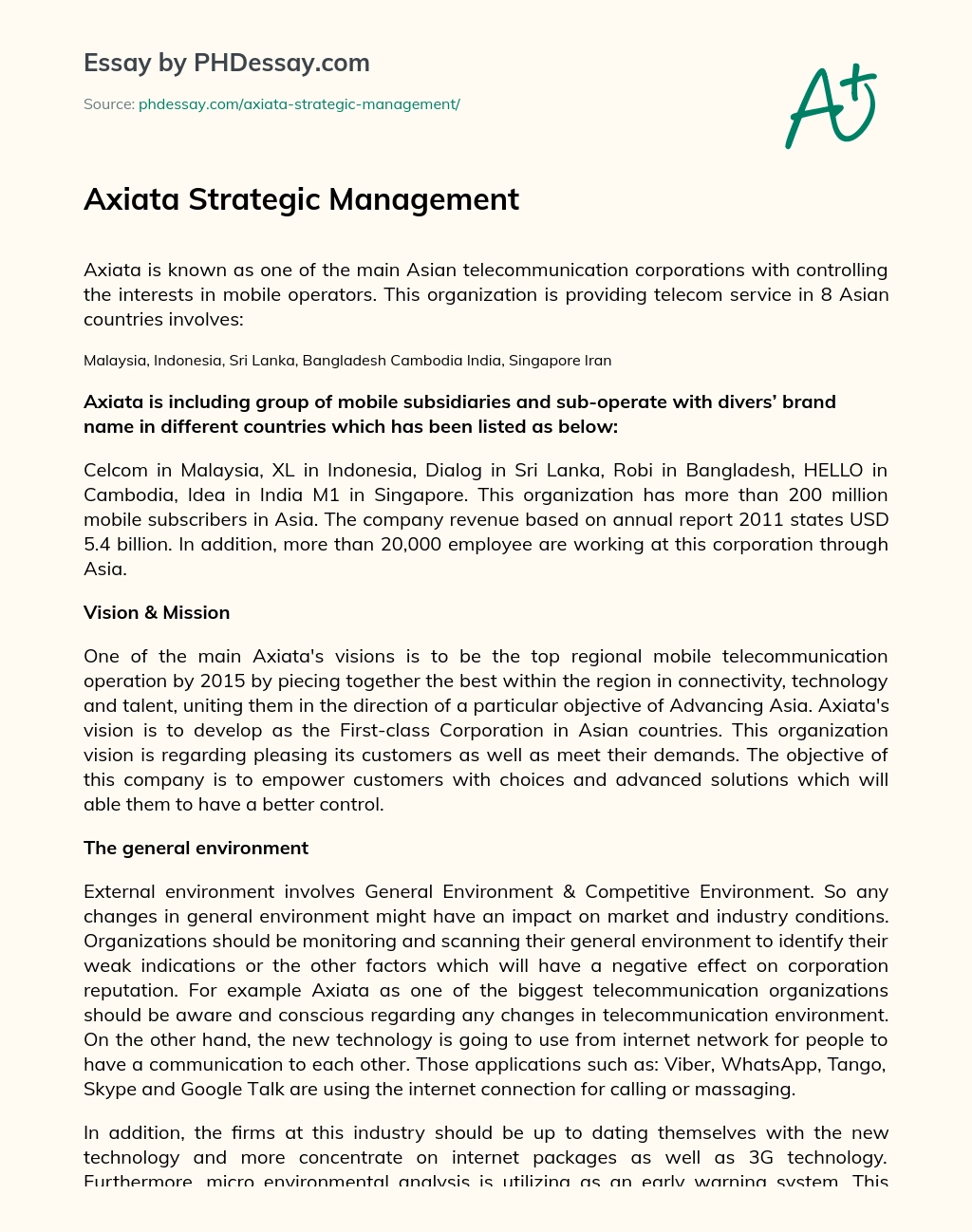 Axiata Strategic Management essay