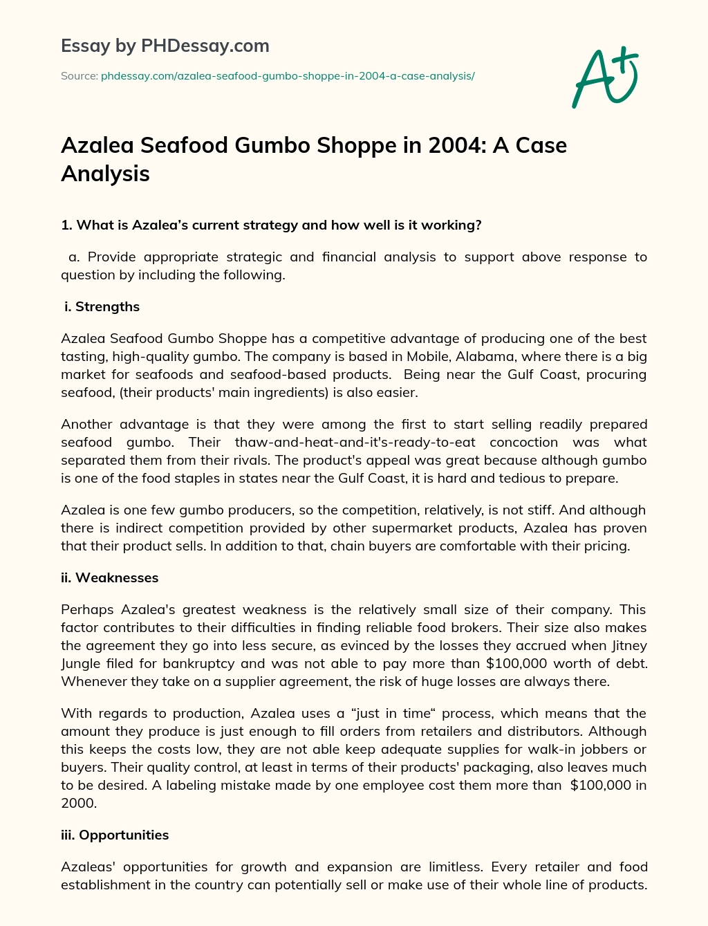 Azalea Seafood Gumbo Shoppe in 2004: A Case Analysis essay
