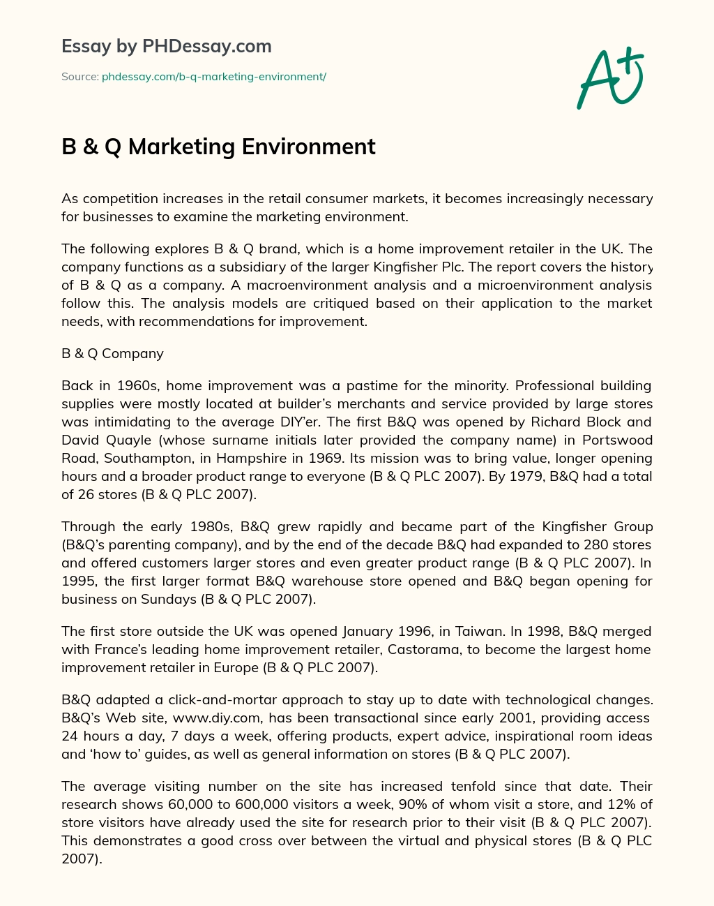 B & Q Marketing Environment essay
