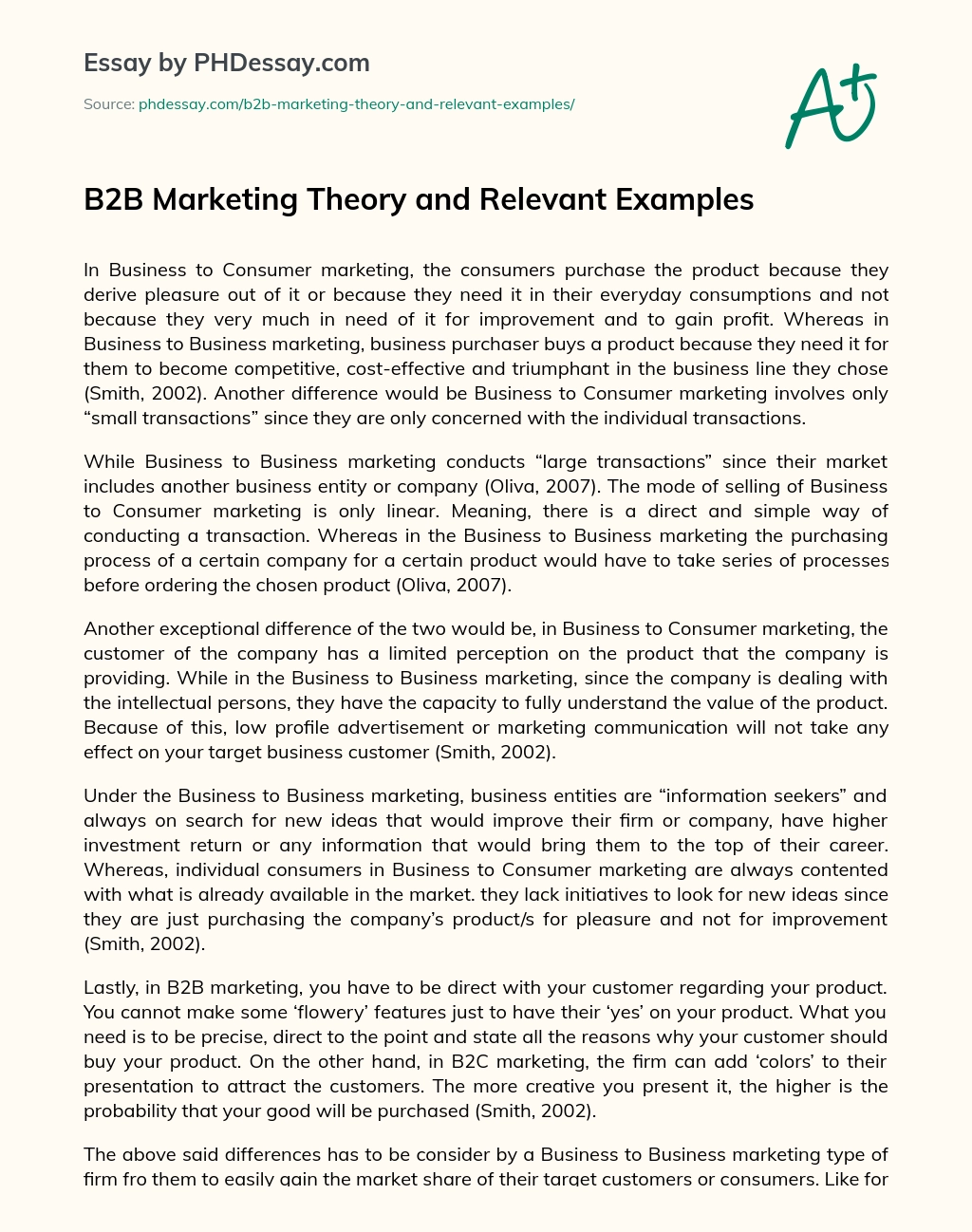 B2B Marketing Theory and Relevant Examples essay