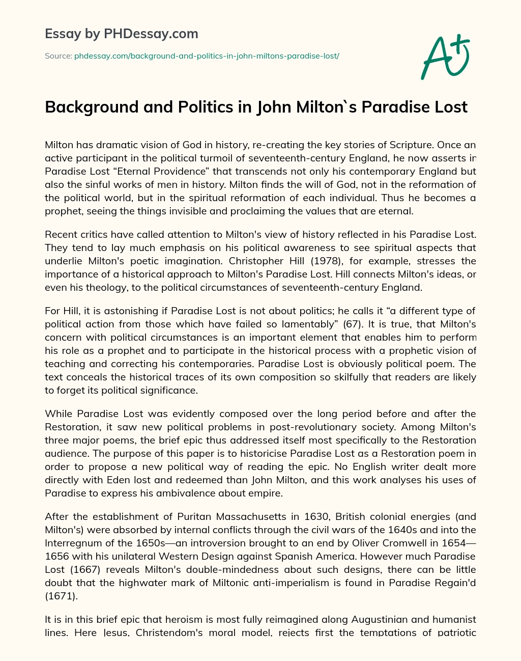 Background and Politics in John Milton`s Paradise Lost essay