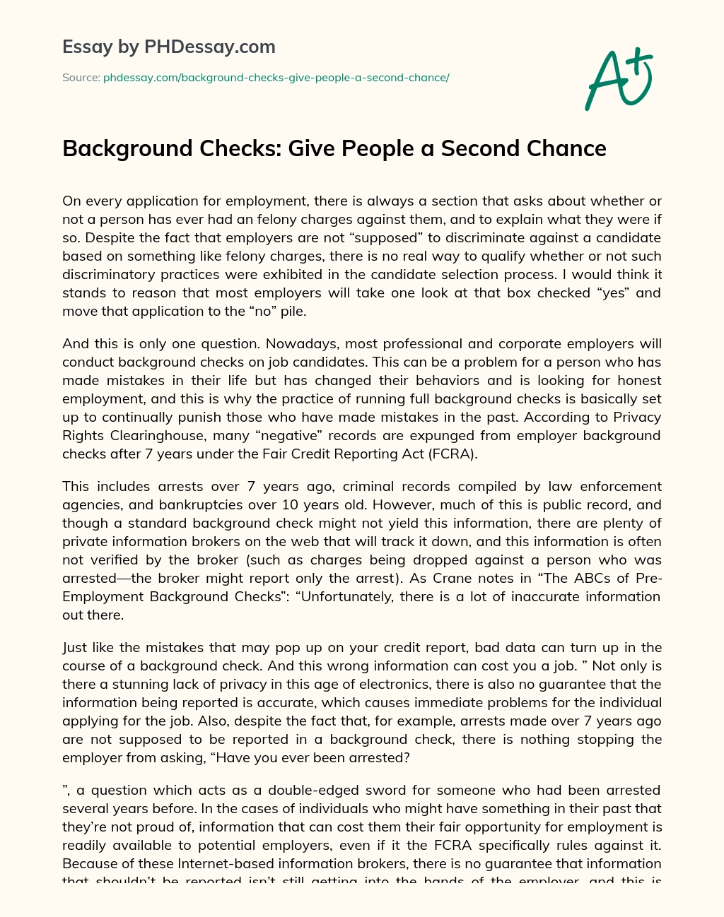 Background Checks: Give People a Second Chance essay