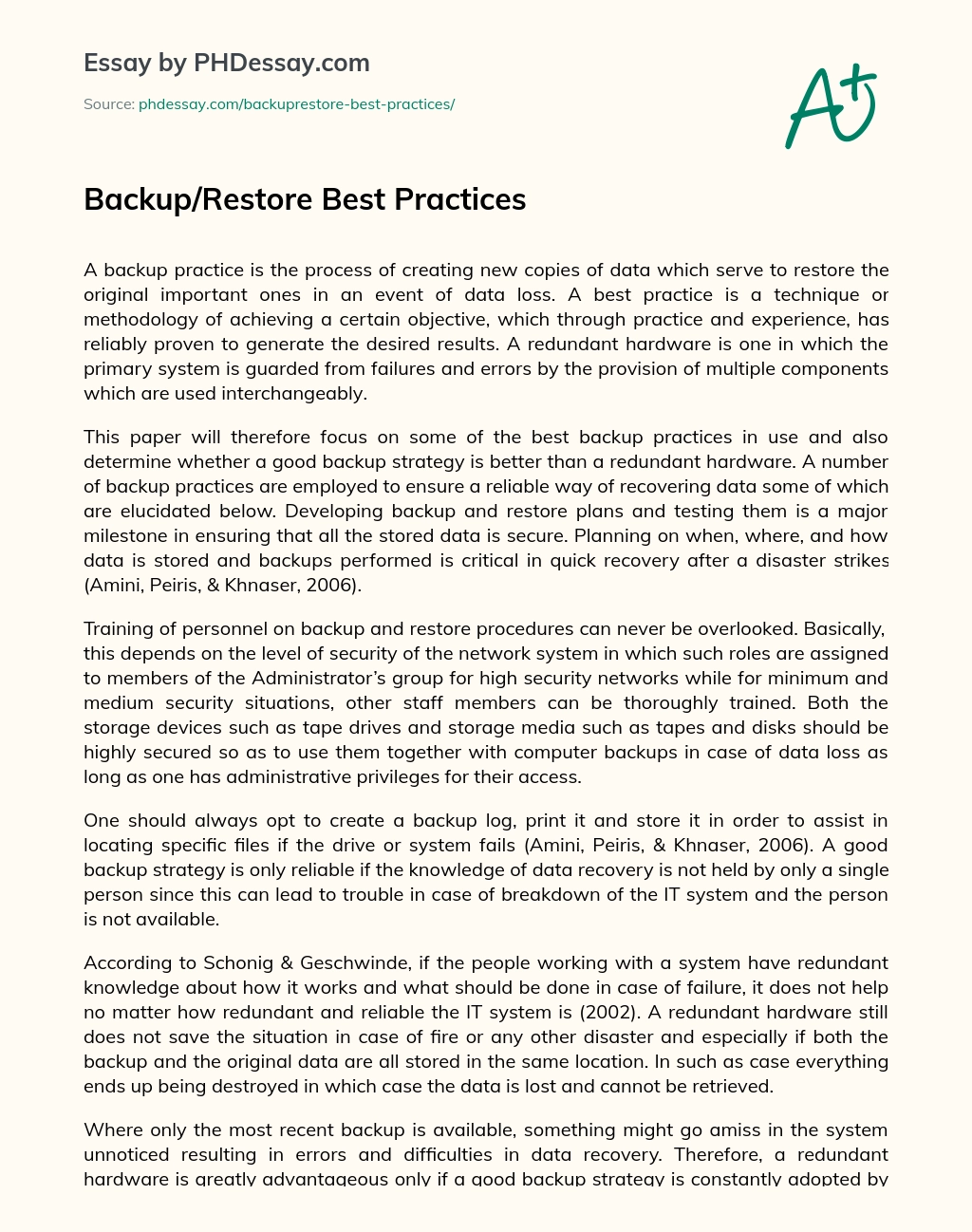 Backup/Restore Best Practices essay