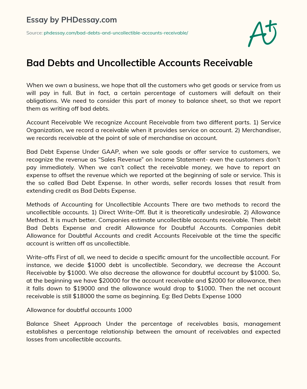 Bad Debts and Uncollectible Accounts Receivable essay