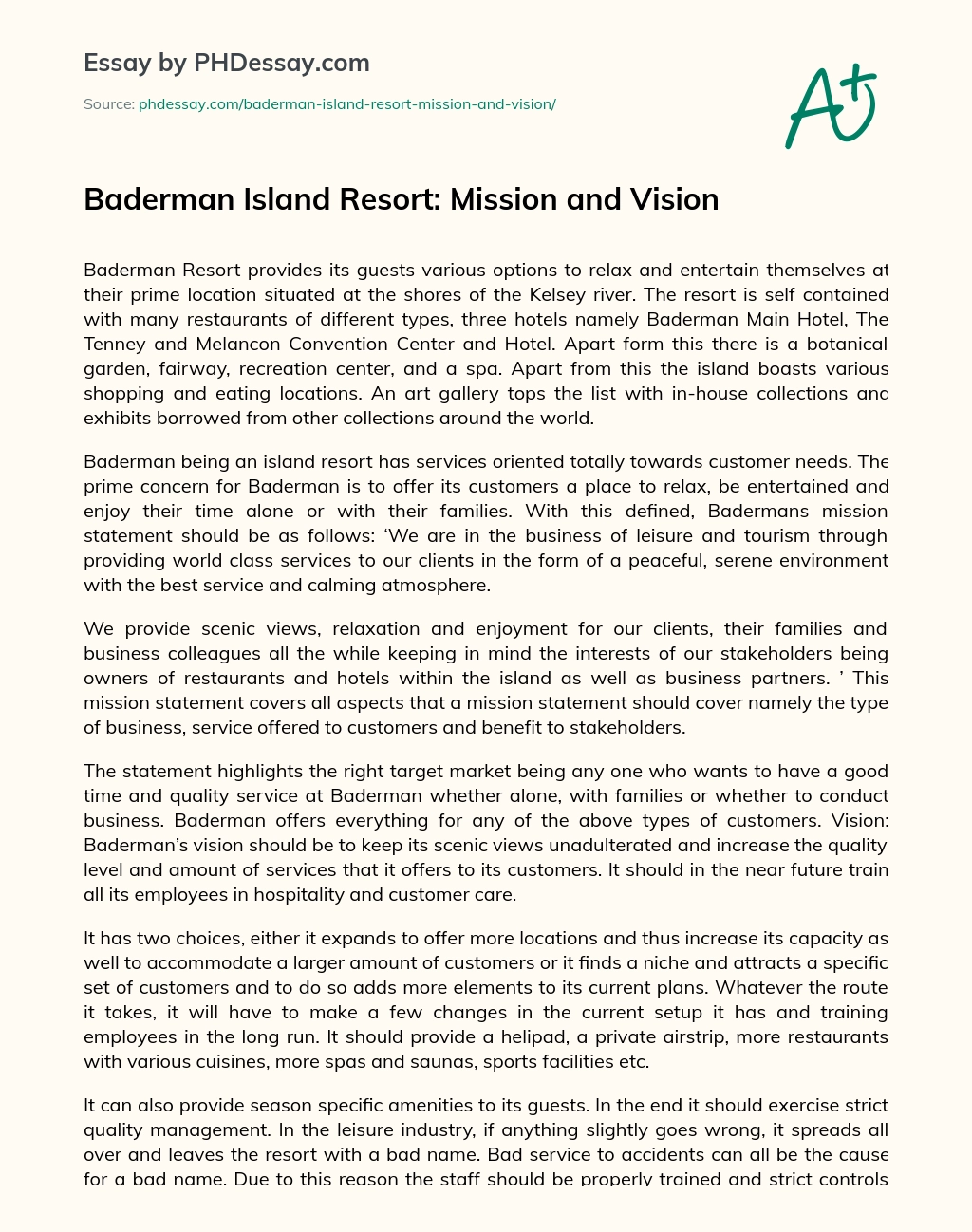 Baderman Island Resort: Mission and Vision essay
