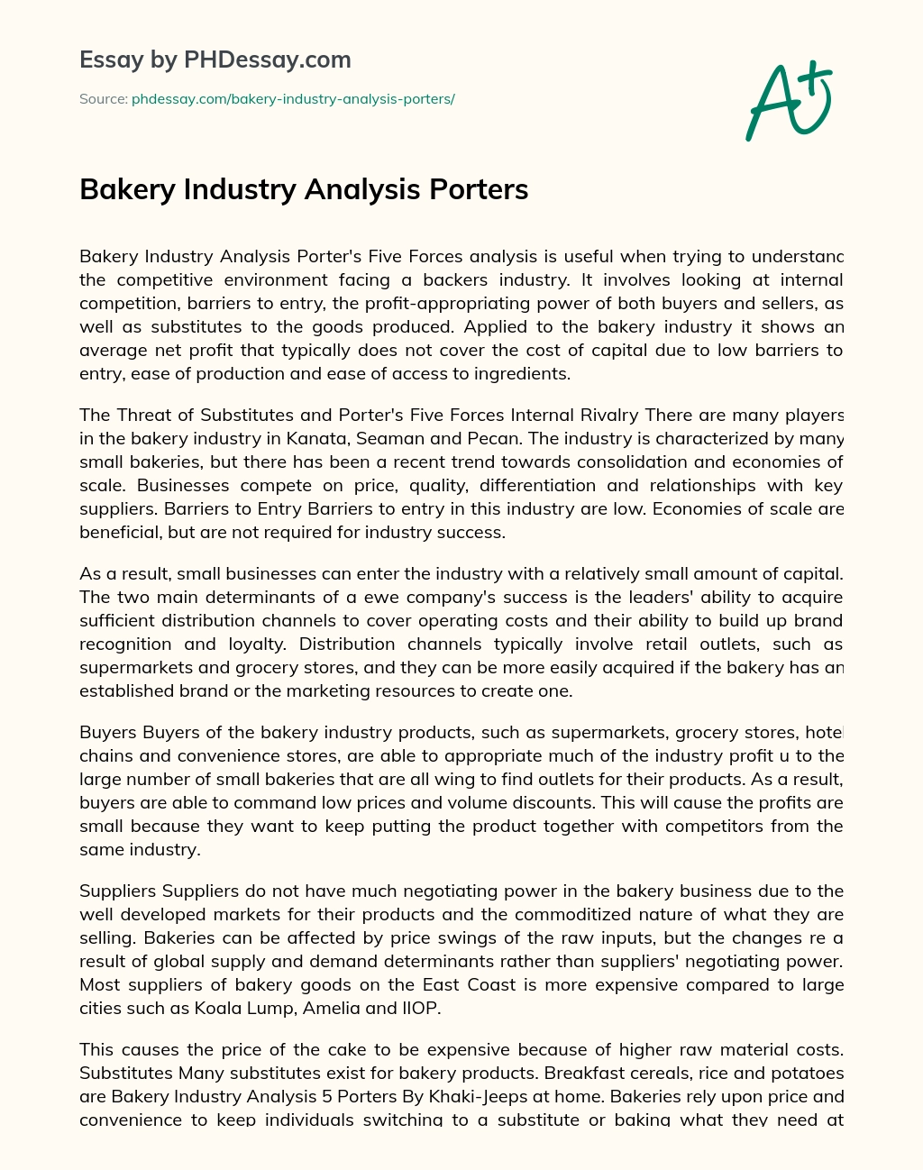Bakery Industry Analysis  Porters essay