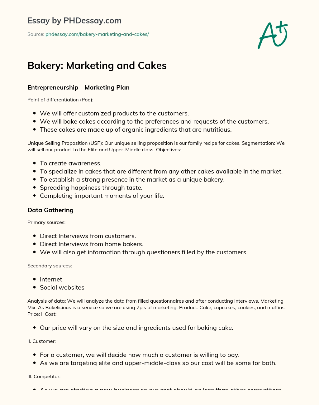 Bakery: Marketing and Cakes essay