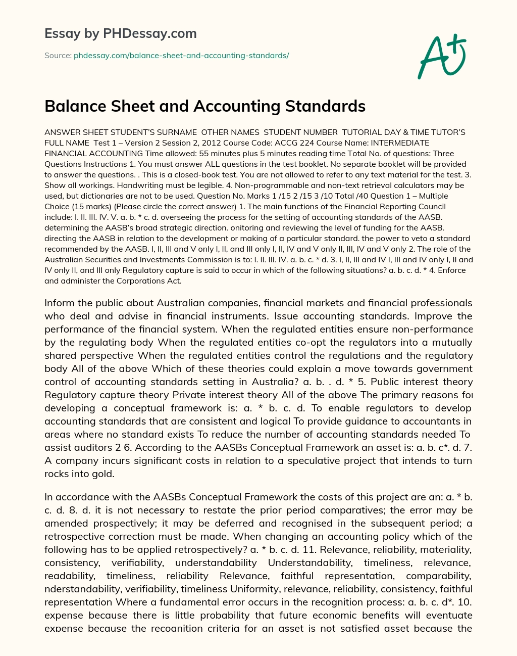 Balance Sheet and Accounting Standards essay