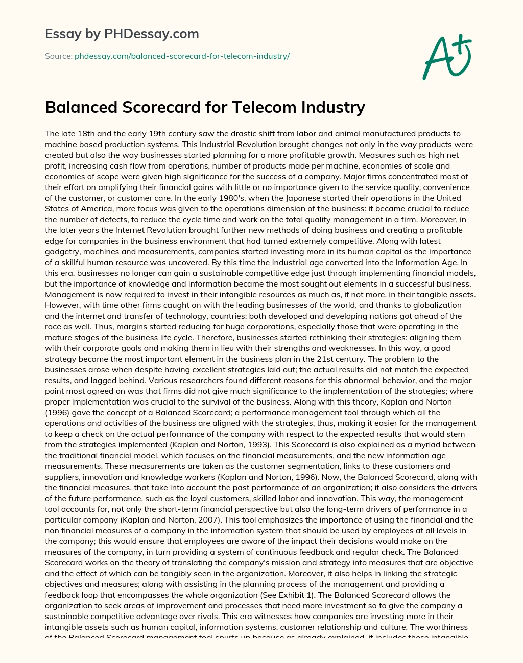 Balanced Scorecard for Telecom Industry essay