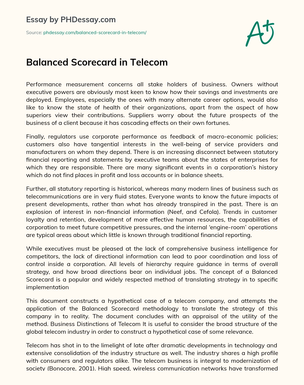 Balanced Scorecard in Telecom essay