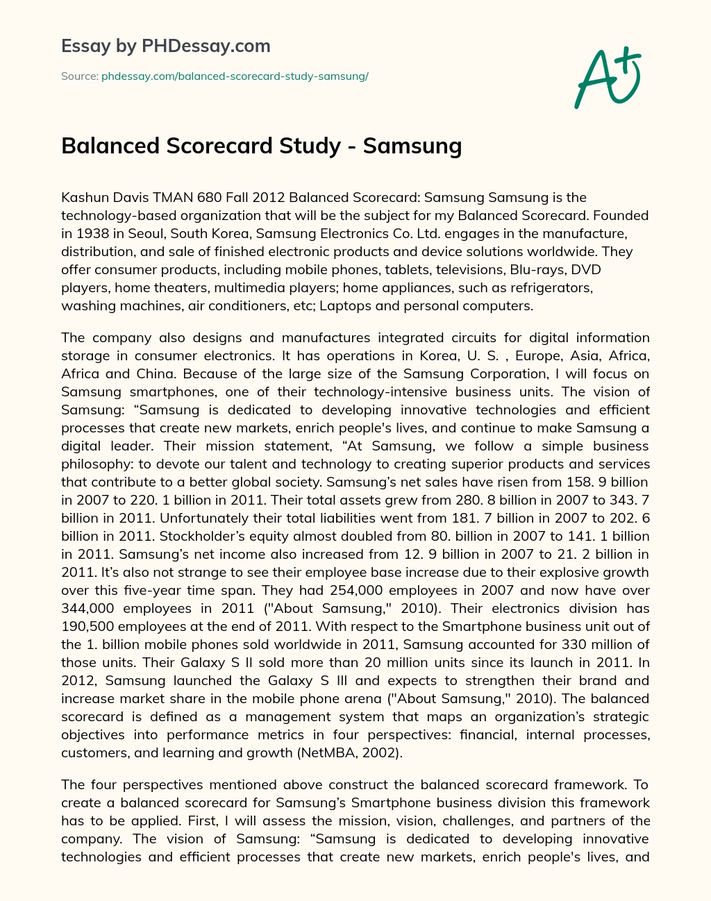 Balanced Scorecard Study – Samsung essay