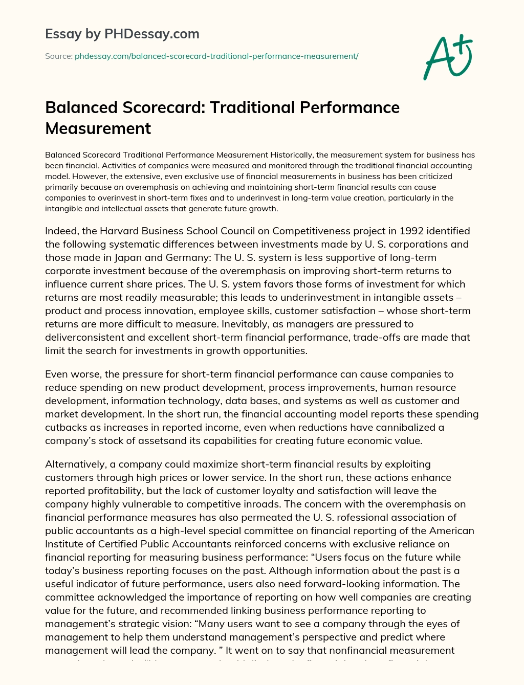 Balanced Scorecard:  Traditional Performance Measurement essay