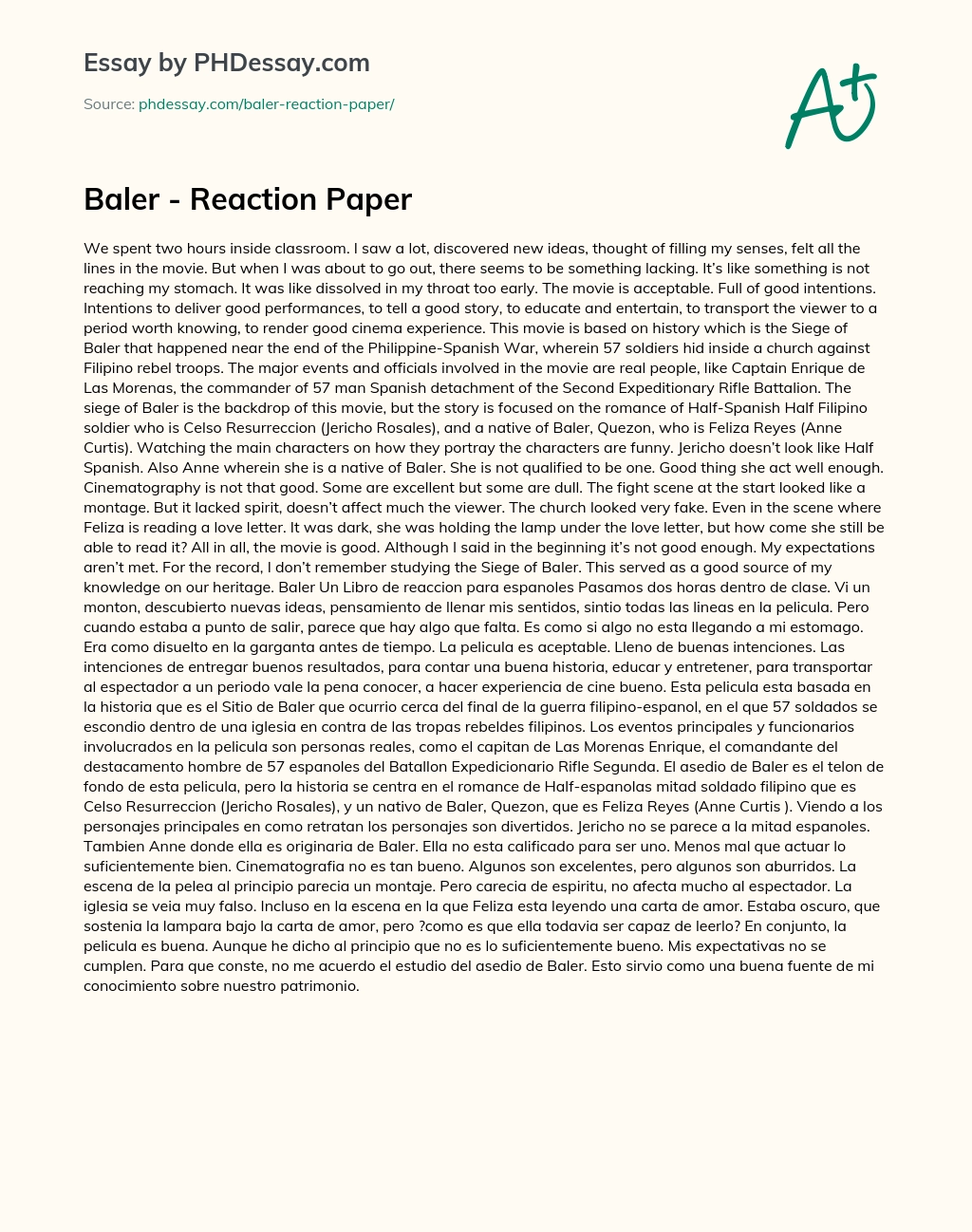 Baler – Reaction Paper essay
