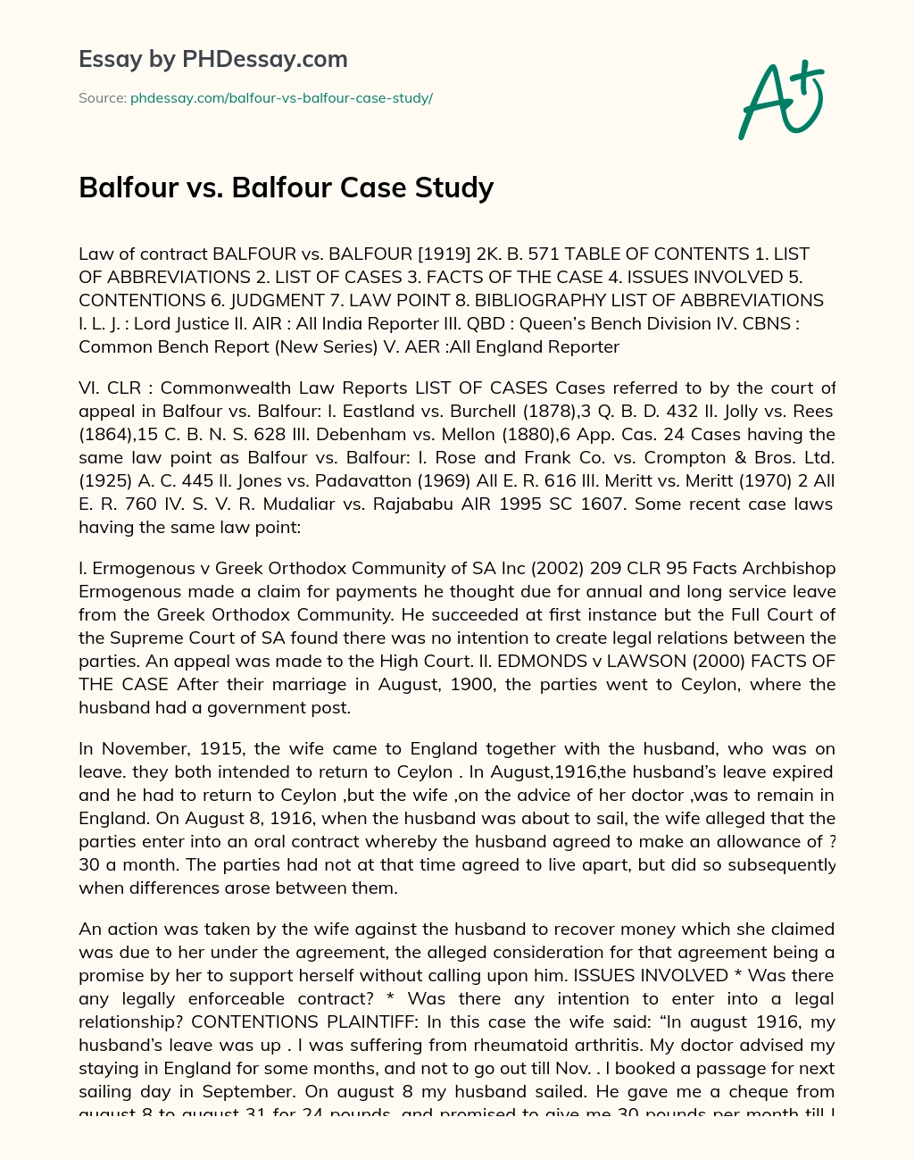 Balfour vs. Balfour Case Study essay