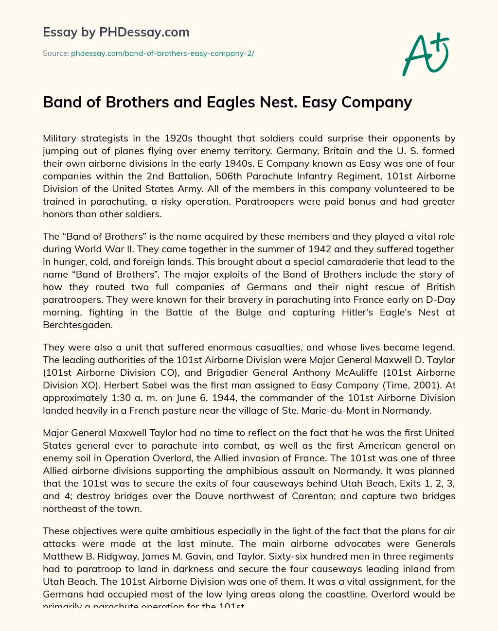 Band of Brothers and Eagles Nest. Easy Company essay