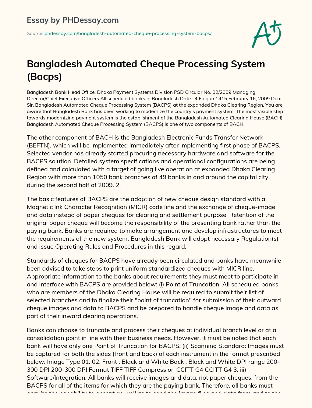 Bangladesh Automated Cheque Processing System (Bacps) essay