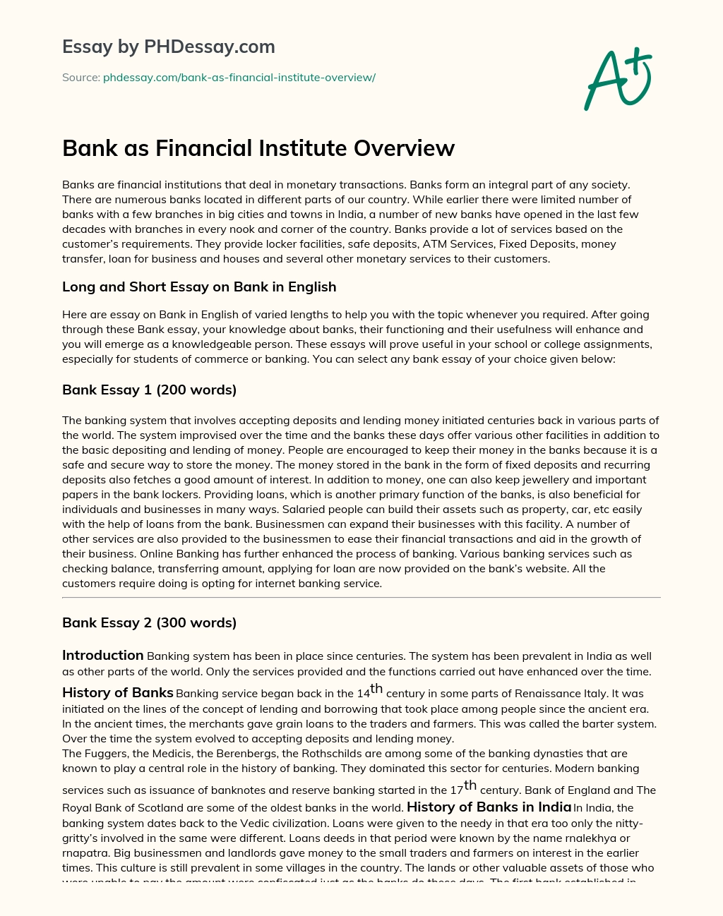 Bank as Financial Institute Overview essay