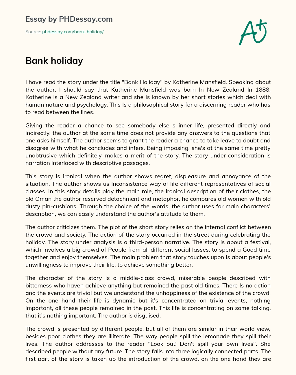 Analysis of Katherine Mansfield’s ‘Bank Holiday’ Short Story essay