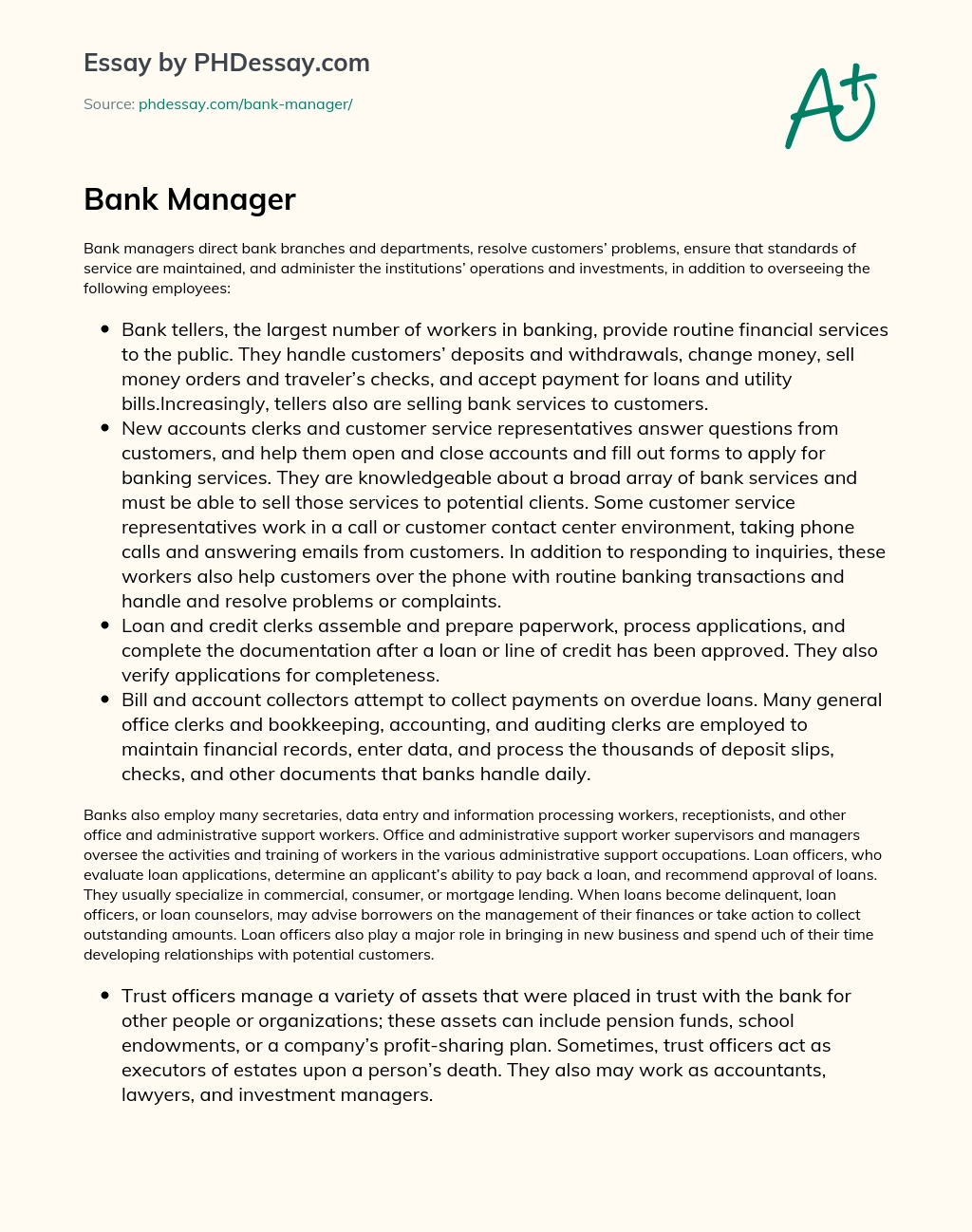 Roles and Responsibilities of Bank Managers and Other Employees essay