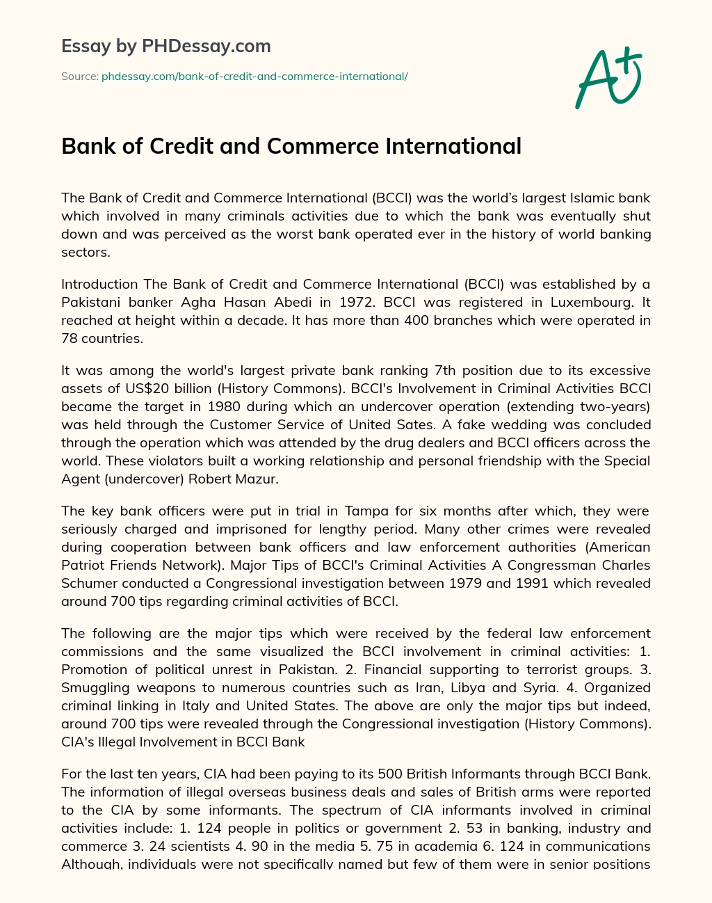 Bank of Credit and Commerce International essay