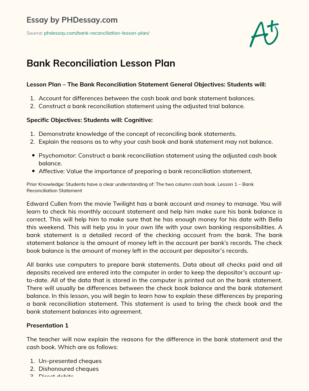 Bank Reconciliation Lesson Plan essay