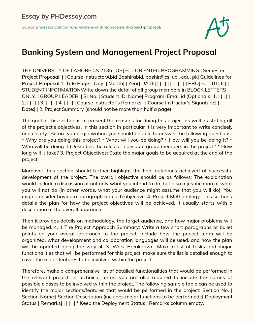 Banking System and Management Project Proposal essay