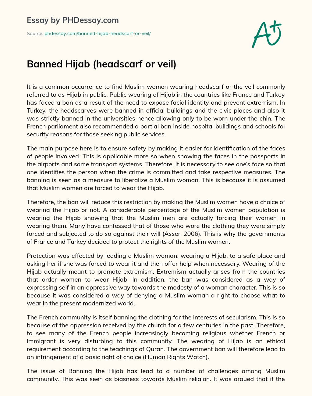 Banned Hijab (headscarf or veil) essay