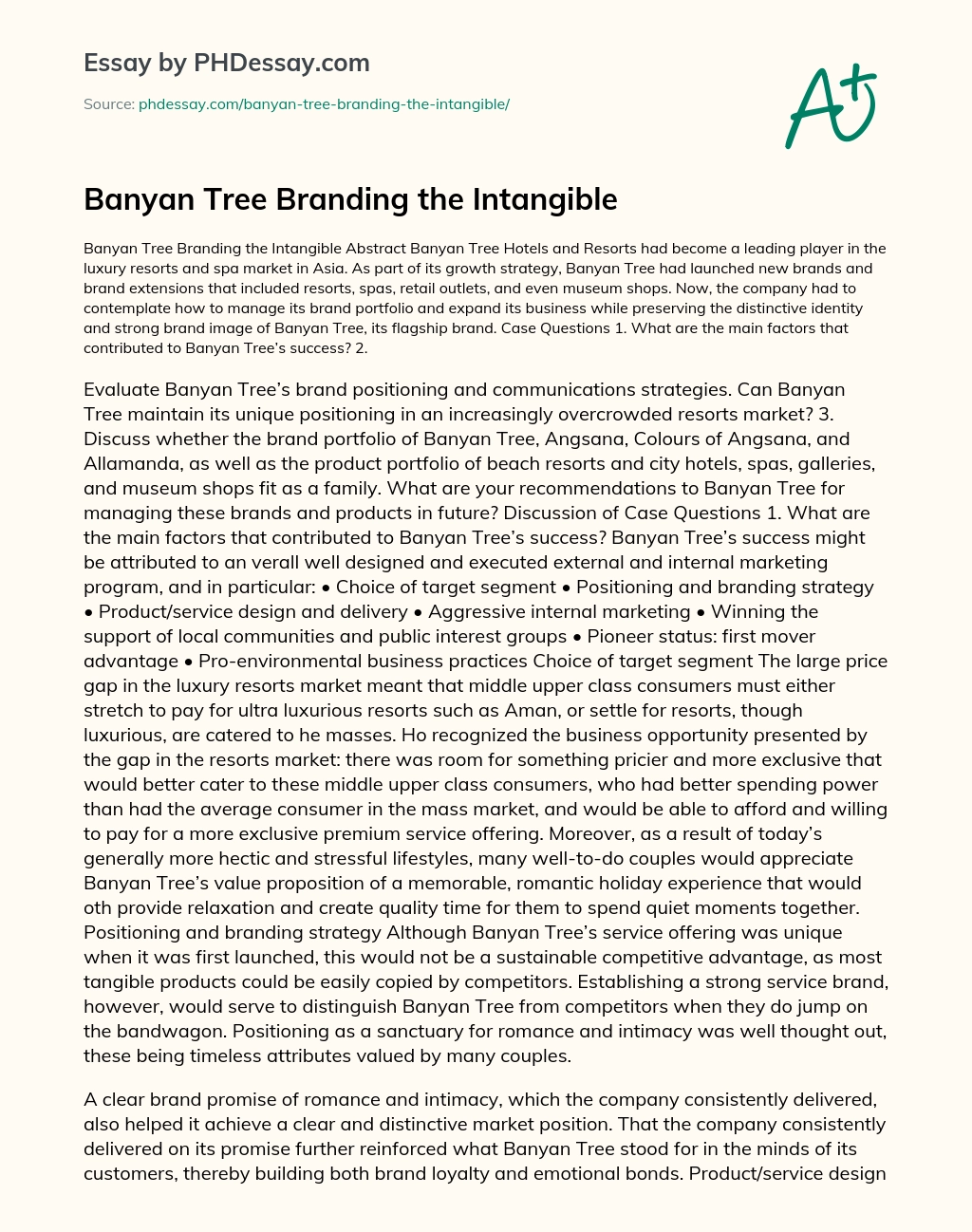 Banyan Tree Branding the Intangible essay
