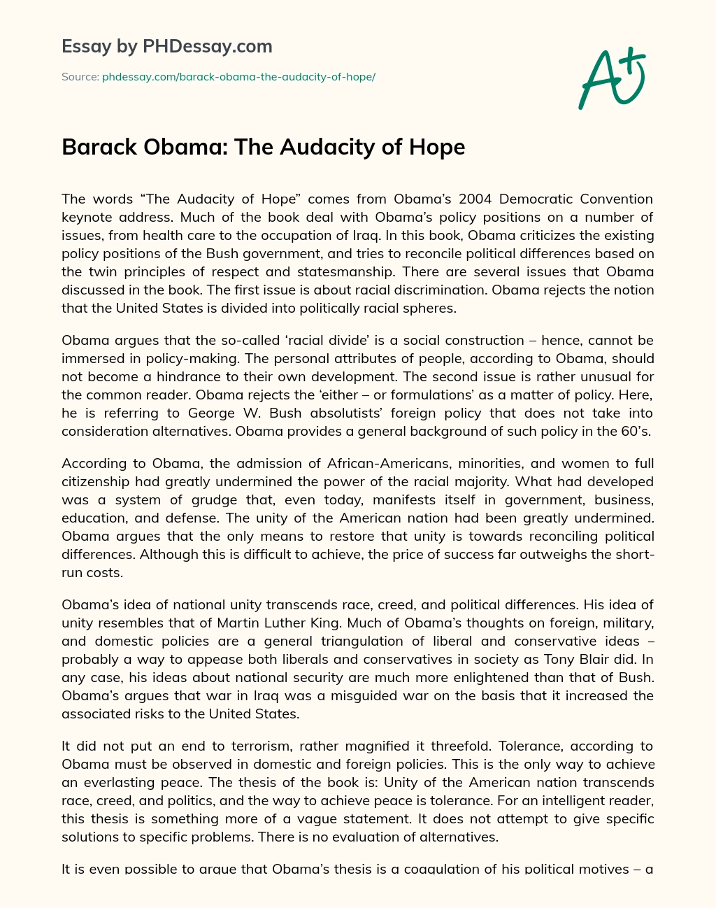 Barack Obama The Audacity Of Hope Phdessay Com