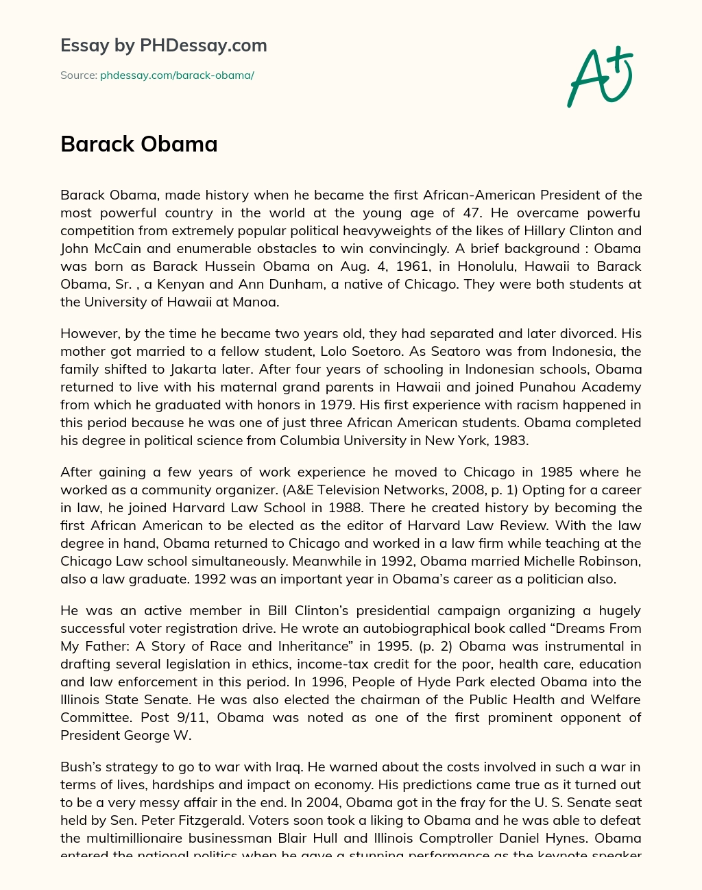 Barack Obama: The First African-American President of the United States essay