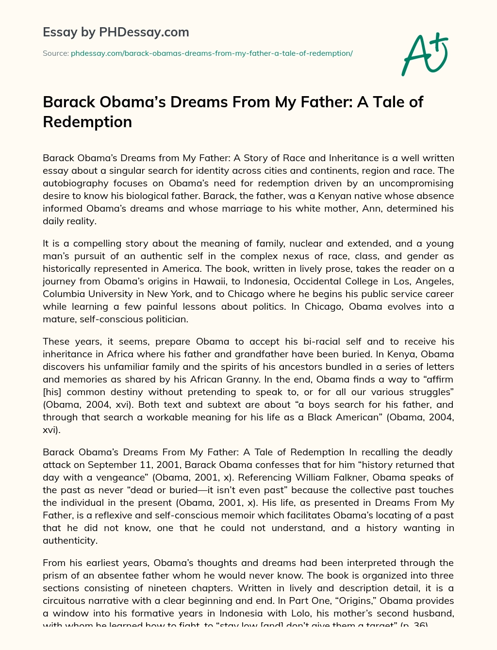Barack Obama’s Dreams From My Father: A Tale of Redemption essay