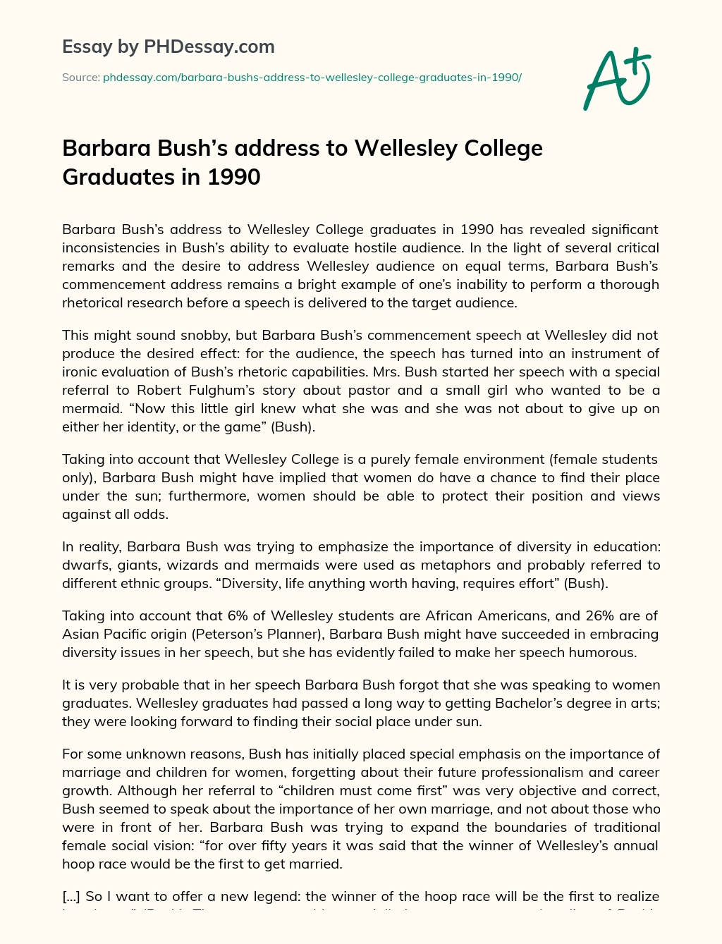 Barbara Bush’s address to Wellesley College Graduates in 1990 essay