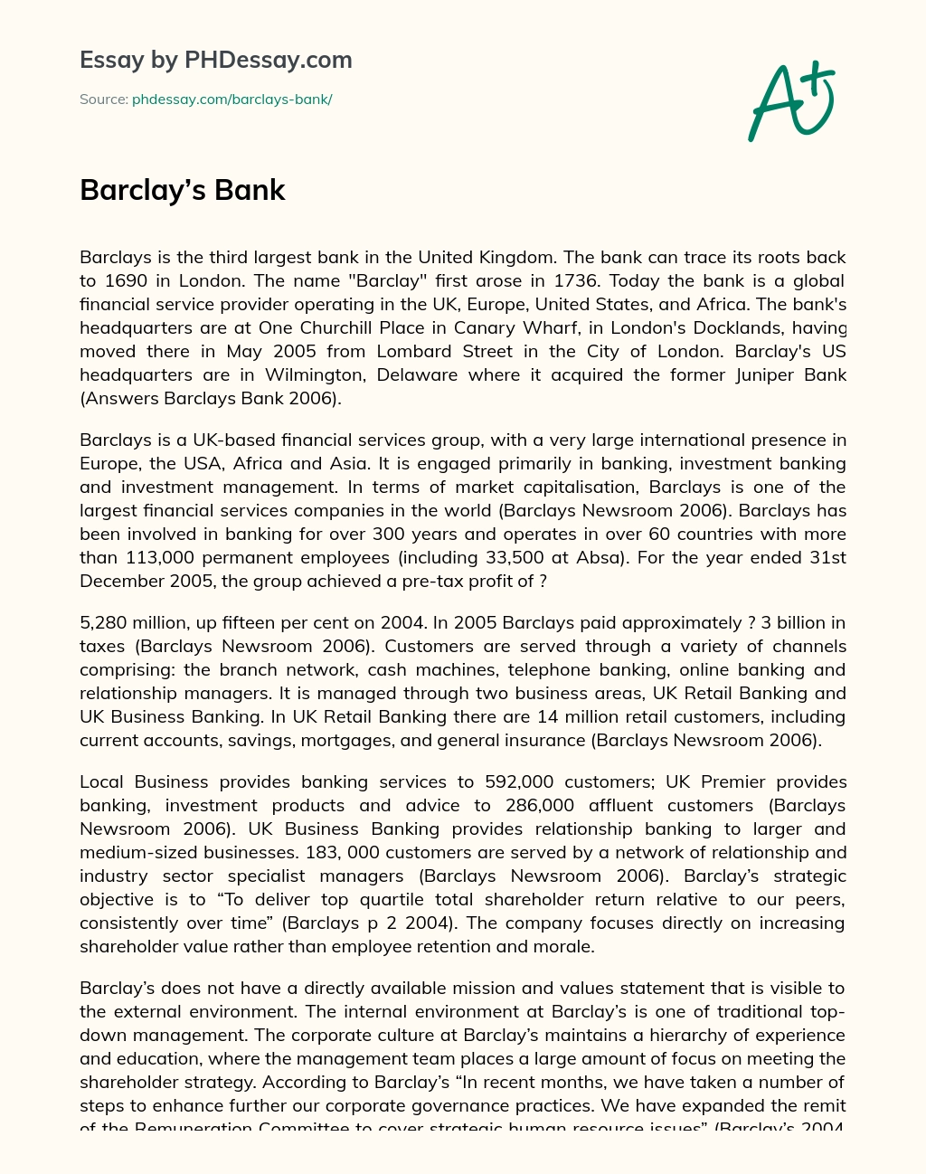 Barclay’s Bank essay