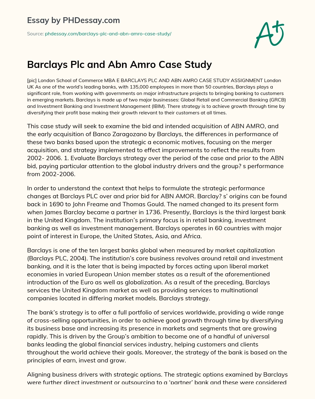 Barclays Plc and Abn Amro Case Study essay