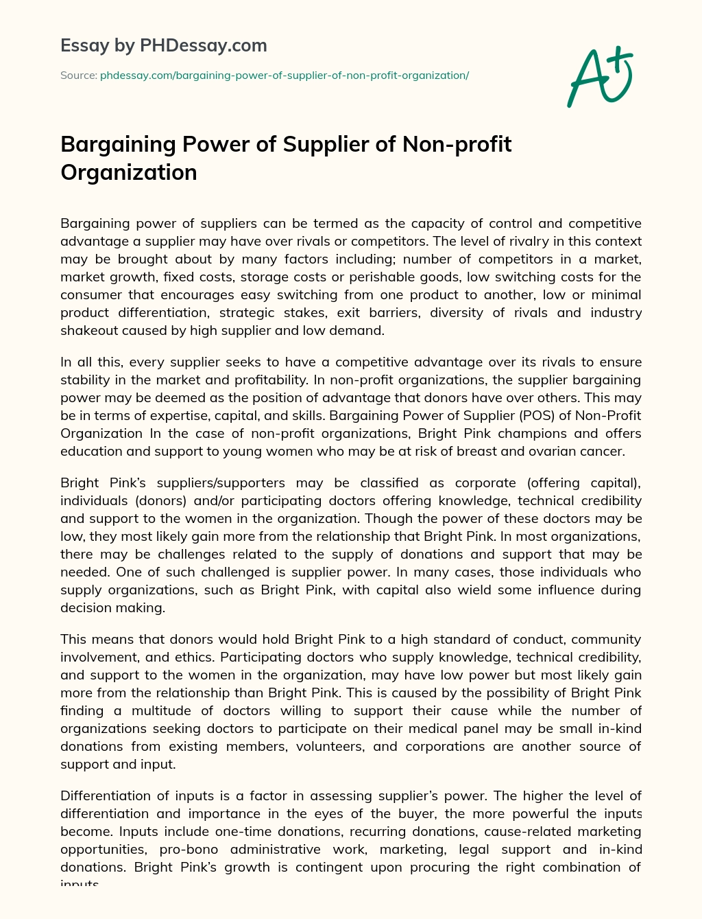 Bargaining Power of Supplier of Non-profit Organization essay