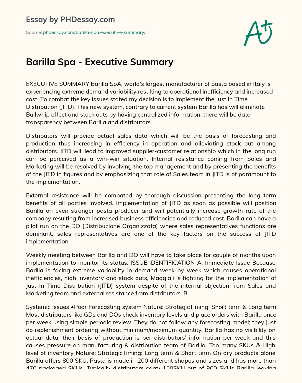 Barilla Spa – Executive Summary essay