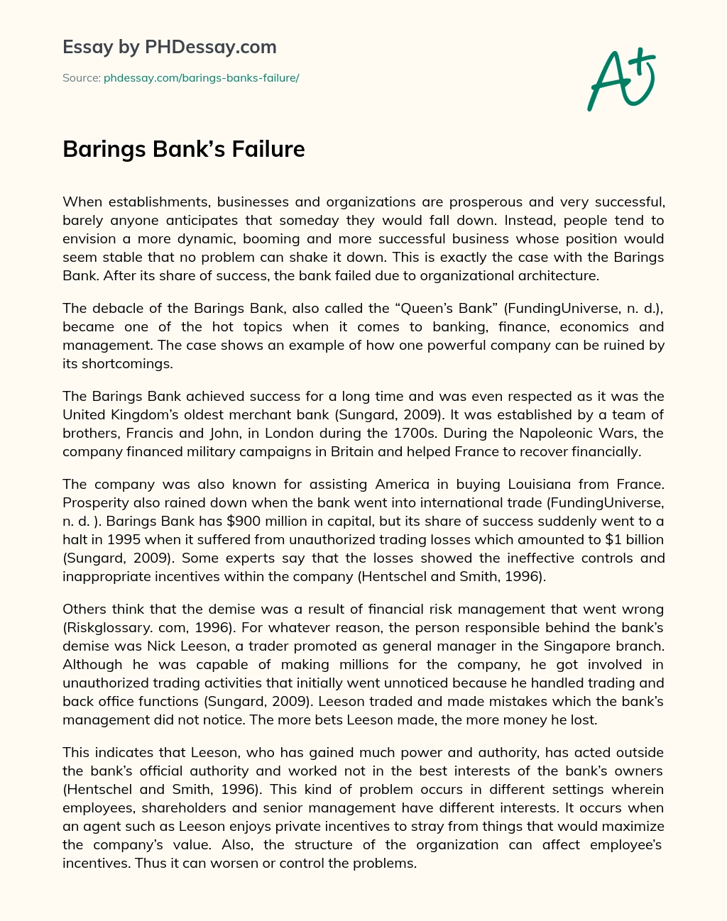 Barings Bank’s Failure essay