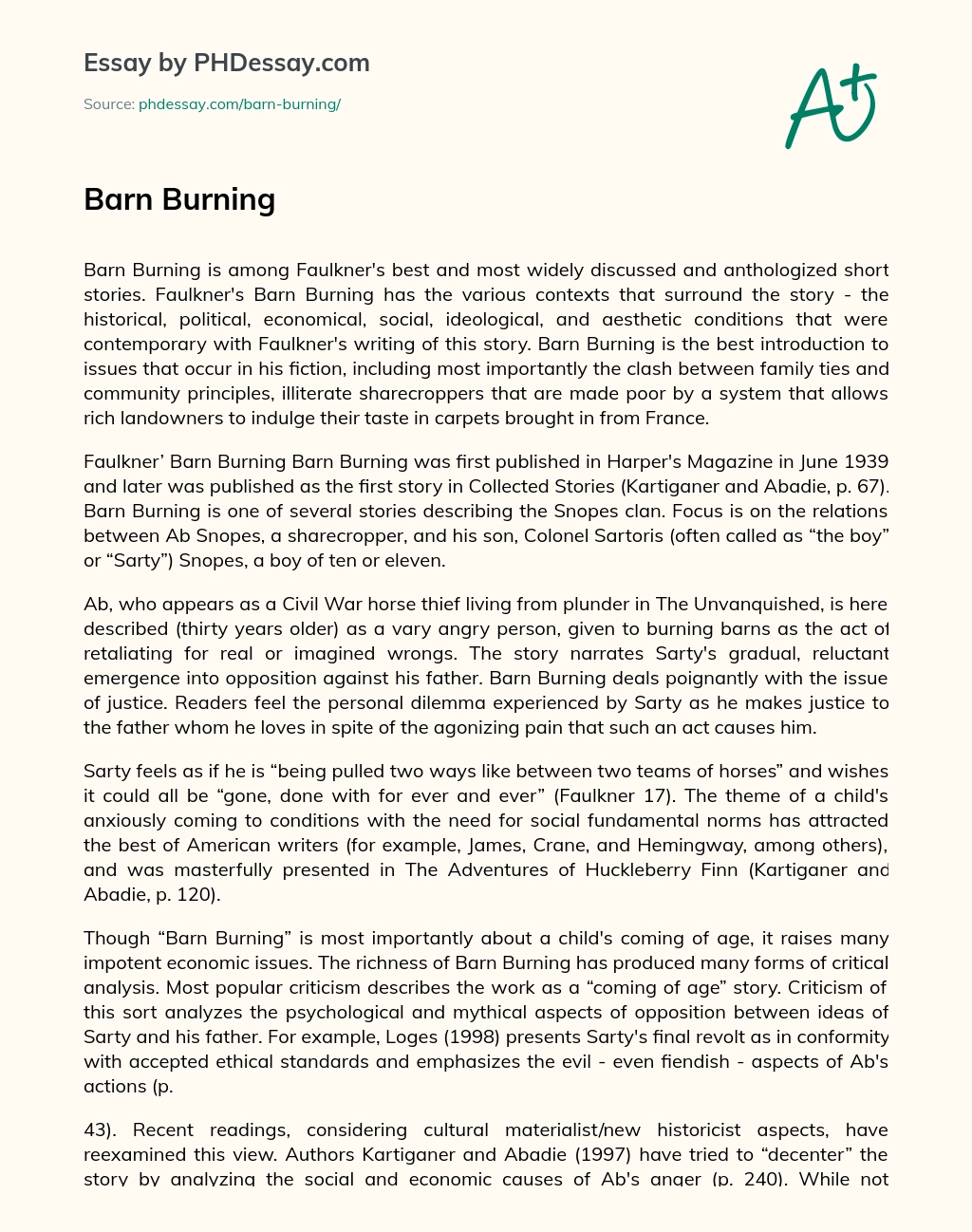 Реферат: Barn Burning Essay Research Paper Use of