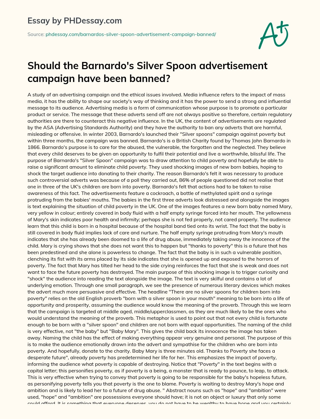 Should the Barnardo’s Silver Spoon advertisement campaign have been banned? essay