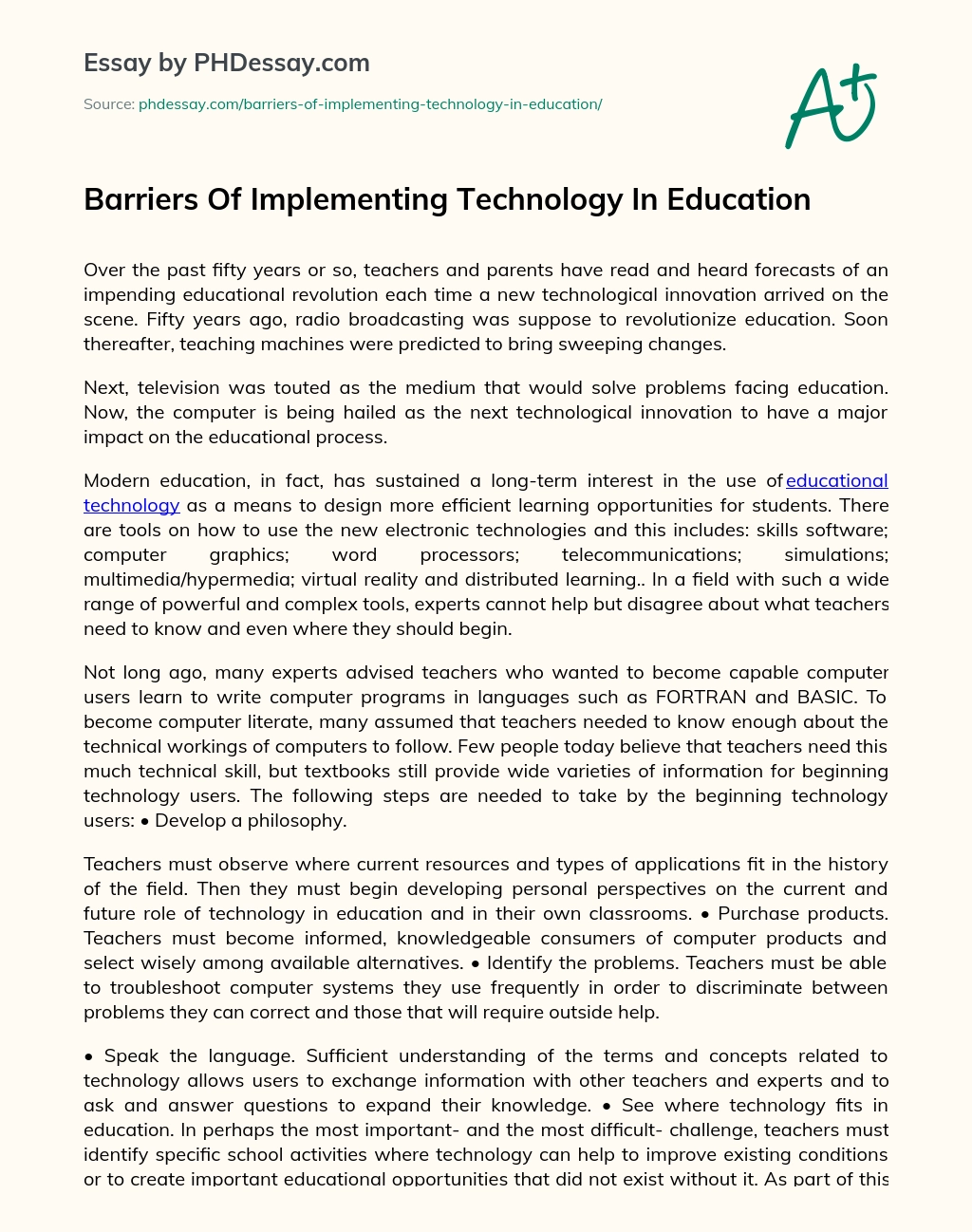 Barriers Of Implementing Technology In Education essay