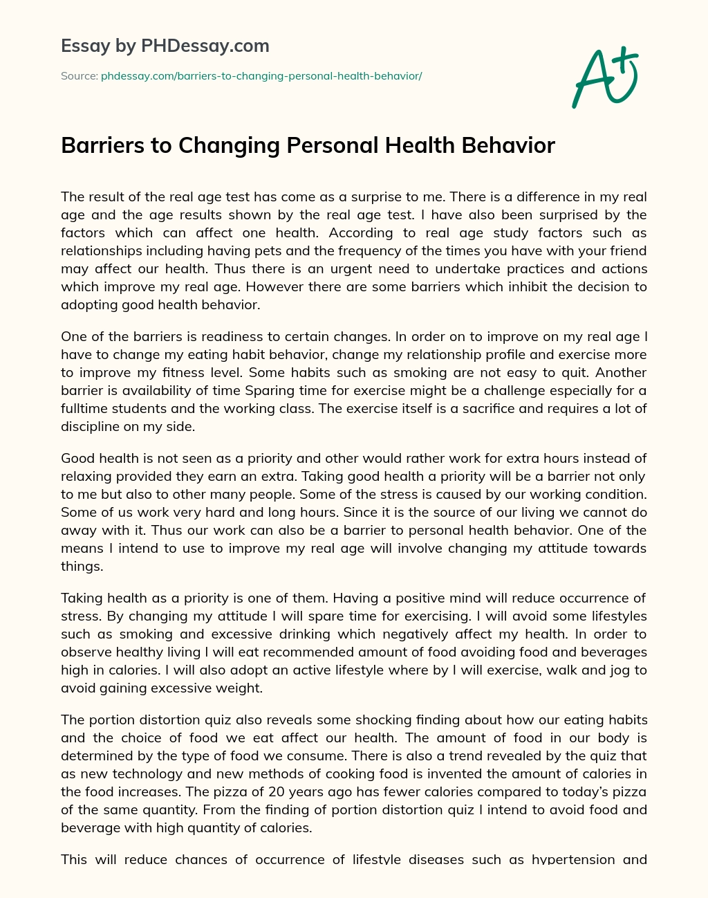 Barriers to Changing Personal Health Behavior essay