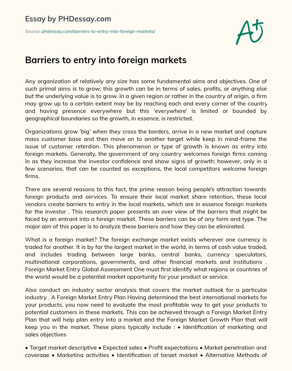 Barriers to entry into foreign markets essay