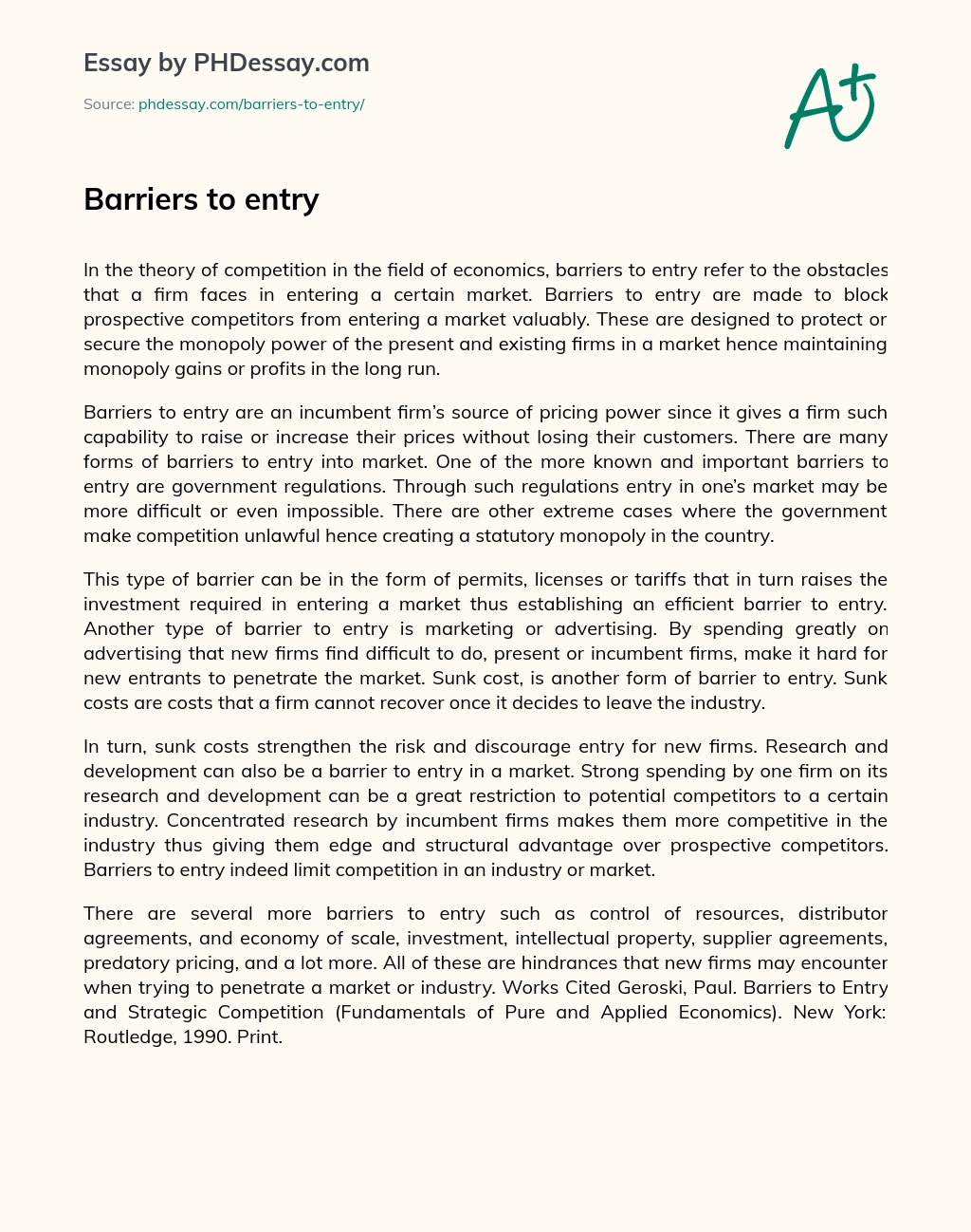 Barriers to entry essay