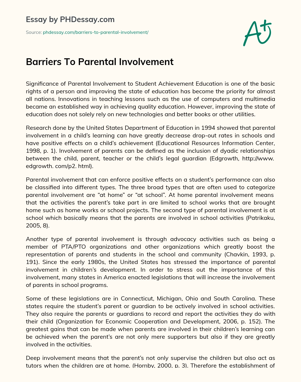 Barriers To Parental Involvement essay