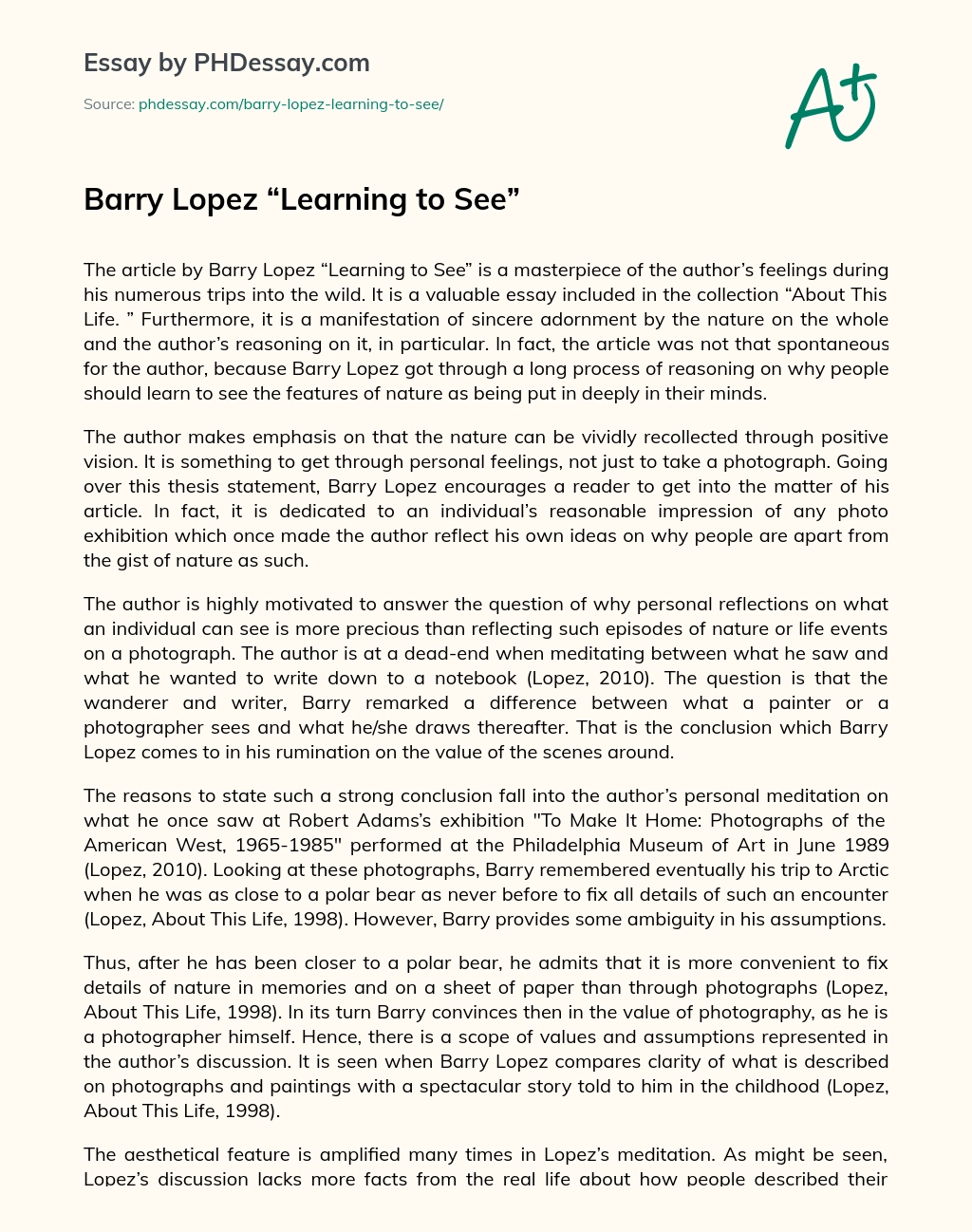 Barry Lopez “Learning to See” essay