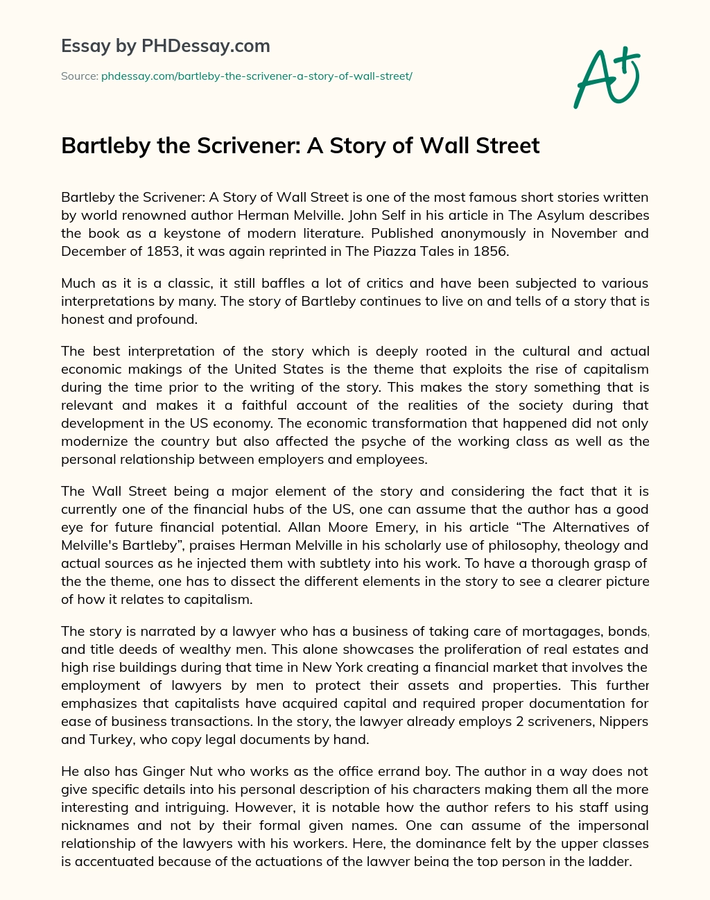Bartleby the Scrivener: A Story of Wall Street essay