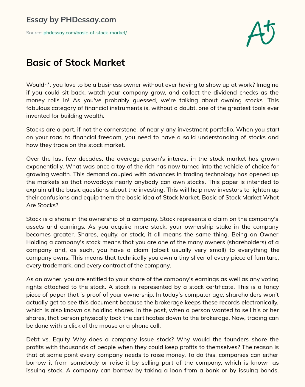 essay about investing in stock market