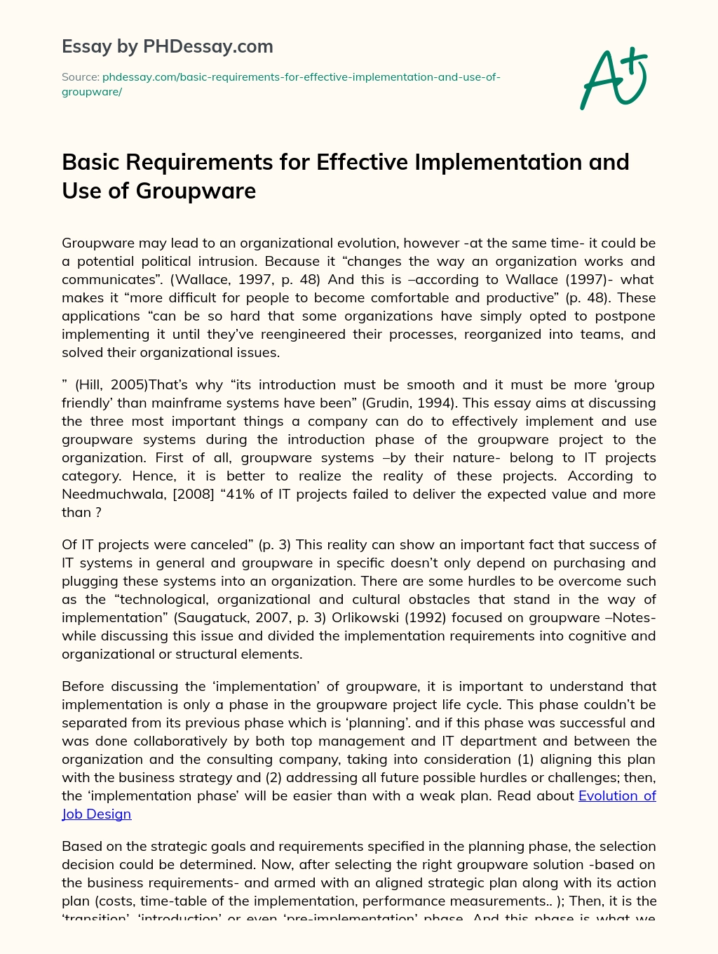 Basic Requirements for  Effective Implementation and Use of Groupware essay
