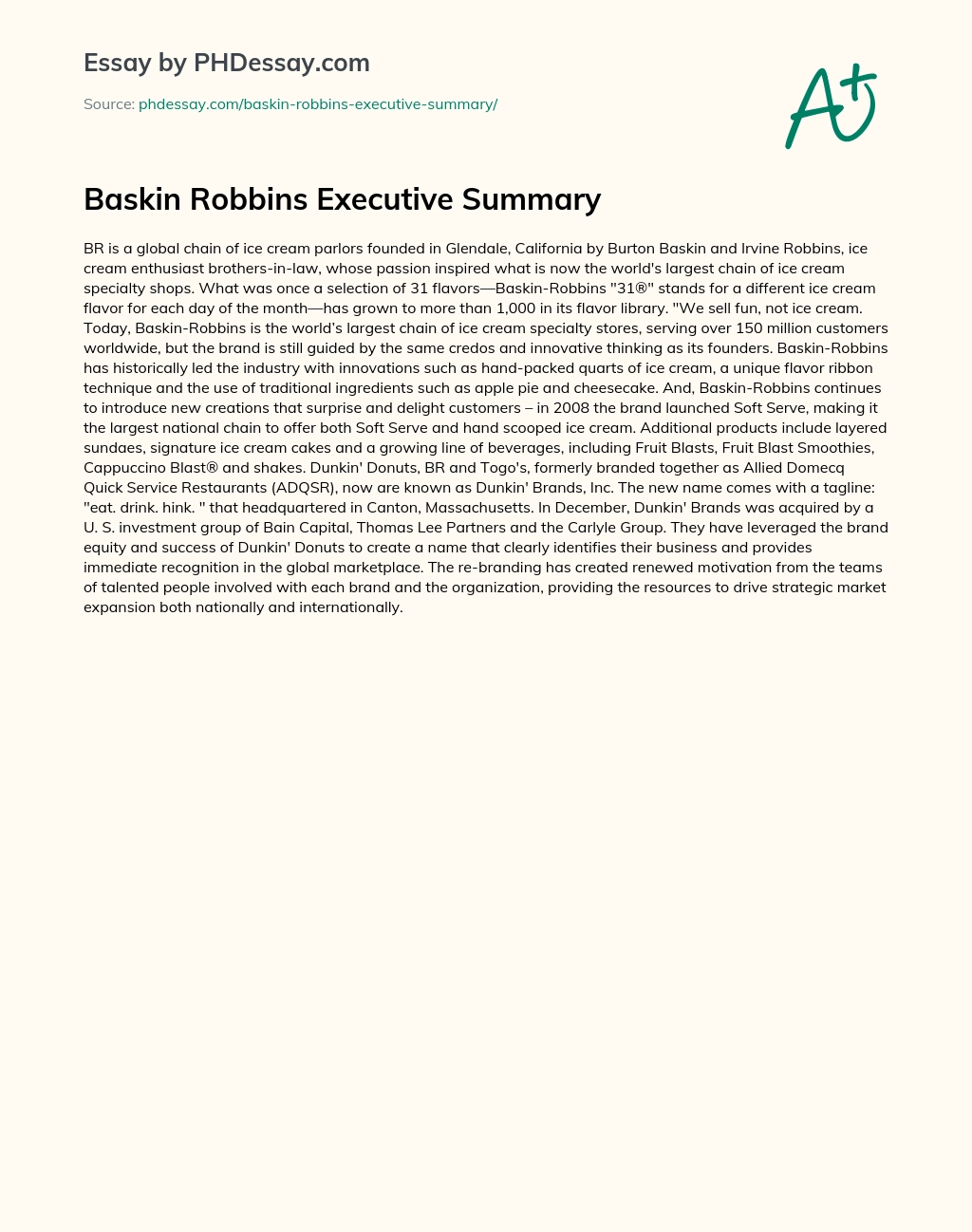 Baskin Robbins Executive Summary essay