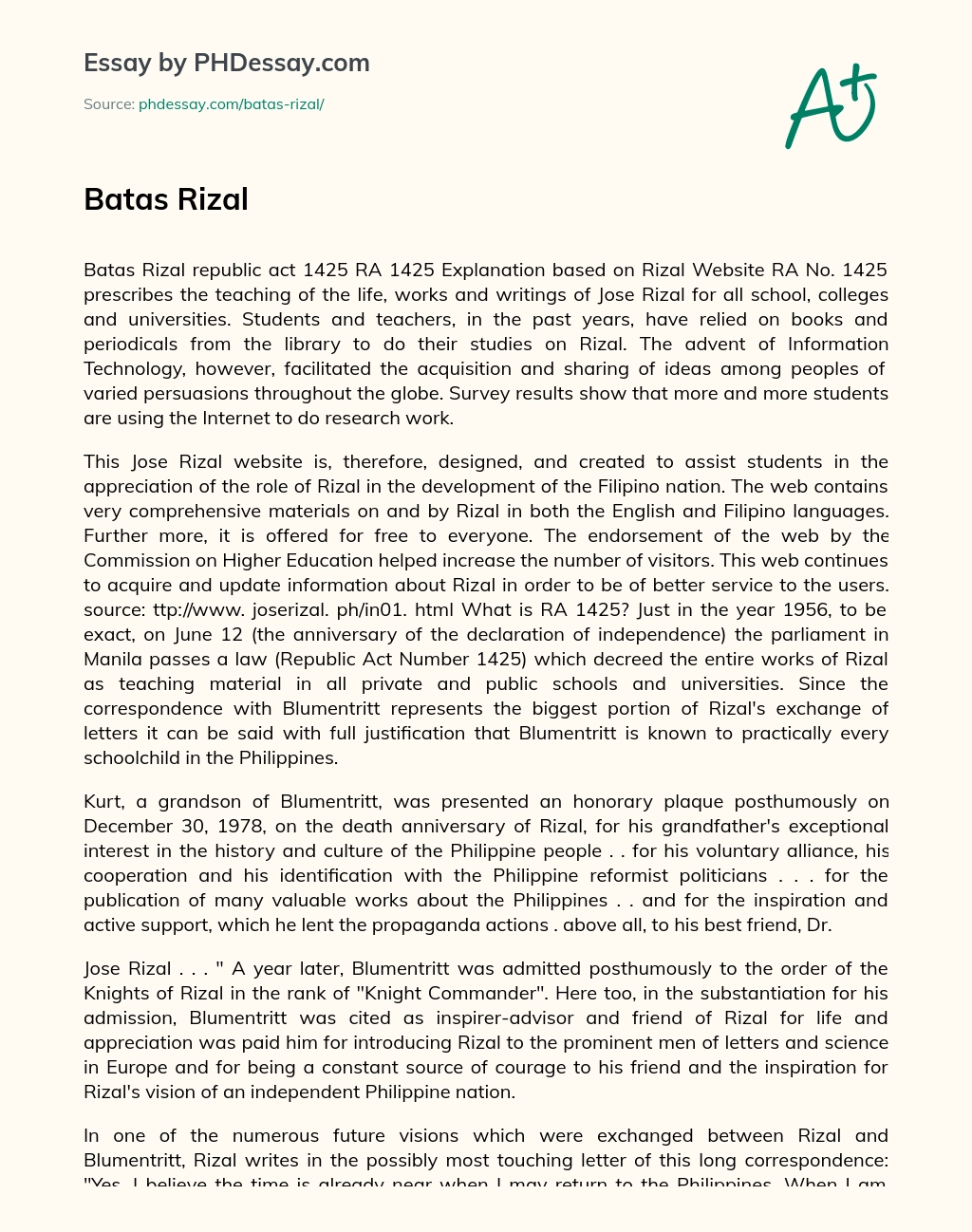 Free Website on Jose Rizal’s Role in Filipino Nation Building essay